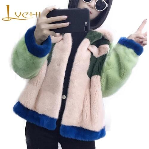 LVCHI Winter2017 Full Pelt Mink Fur Coat Womens Full Sleeve Fur Coat Causal Turn-Down Collar Patchwork Pocket Short Mink Coats