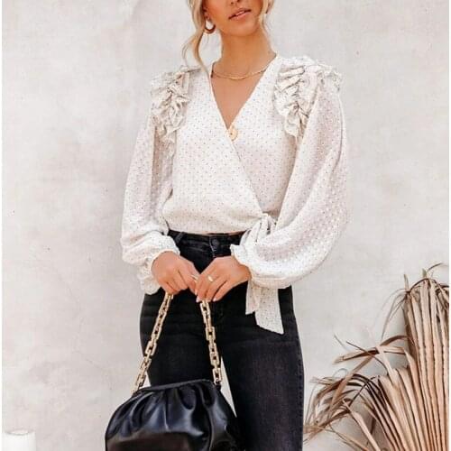 Long Puff Sleeve Womens Shirt Chiffon V-neck Single Button Drawstring Tops Woman 2021 Autumn Korean Fashion Loose Clothing