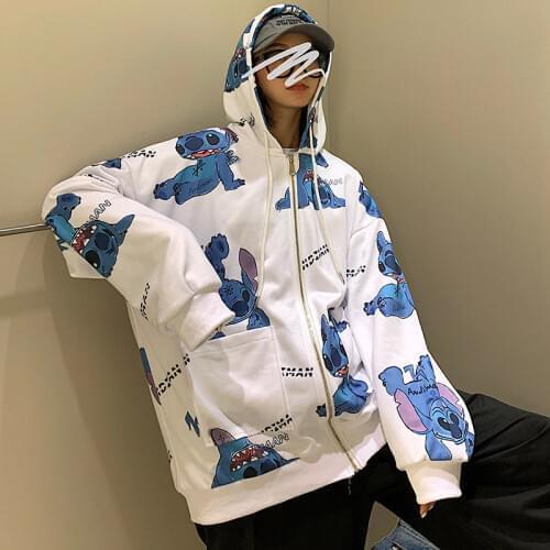 Hoodies Women Disney Cute Stitch Co-branded Pocket Zipper Cap Hoodies Hip Hop Streetwear Korean Pop Female Coat Hooded Tracksuit