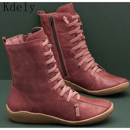 Retro Women Winter Snow Boots PU Leather Spring Flat Shoes Woman Brown Botas with Fur 2020 for Women Lace Up Botas Mujer