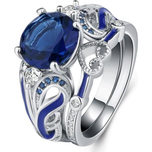 Hollow Heart Shape Blue Zircon Wedding Ring for Women Micro-inlaid Simulation Ring Jewelry Engagement Love Ring Gift