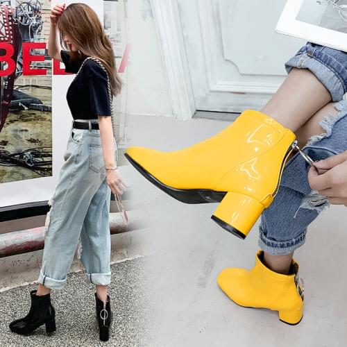 Winter Warm Patent Leather Ankle Boots For Women Square Heel Shoes Zipper Boots Round Toe Woman Booties 2019 Brand white Black