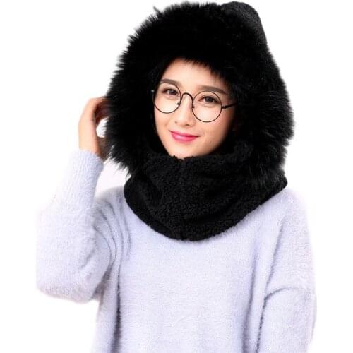 Winter Dual-Use Suit Women Plush Velvet Neck Protector Hats Ear Cover Hooded Scarf Cap One Piece Set Children Girl Bomber Hat