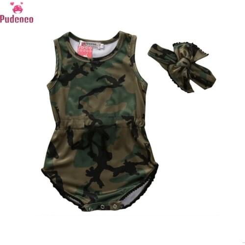 2020 Baby Clothing 2PCS Newborn Infant Baby Girl Camo Army Green Romper Jumpsuit Clothes Outfit Headband Sleeveless Sunsuit
