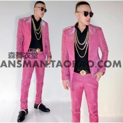 2020 mens singer stage Magic color Sao pink gradient glitter suit costume DJ costumes suits Two-piece suit