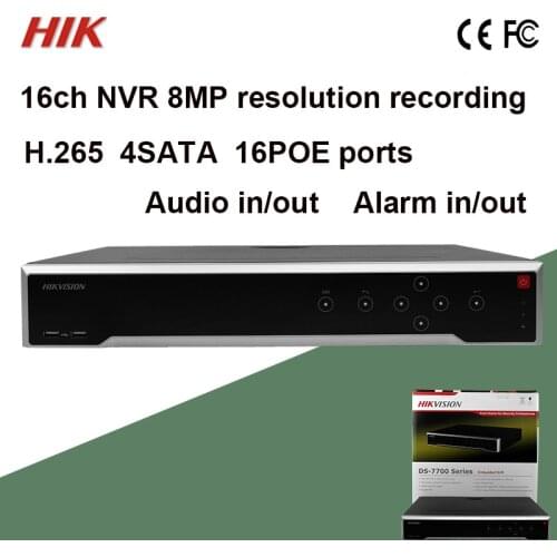 DS-7716NI-K4/16P Hik 16ch 4K NVR cheap 8MP NVR 16POE ports Alarm in/out Audio in/out 4SATA CCTV Recorder H.265 RS-232; RS-485