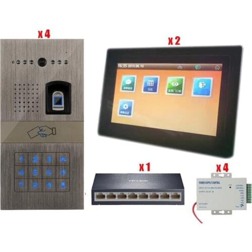 For 4 Doors Digital Home Security Intercom Doorbell 7" Video Door Phone w/t Fingerprint/IC Card/Password Unlocking Function 4v2