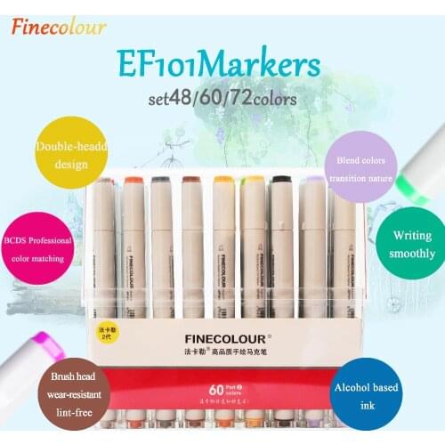 Finecolour EF101 Alcohol-Based Art Sketch Twin Marker Brush Non-Toxic Markers for School Supplies 24/36/48/72 Color Set with Box