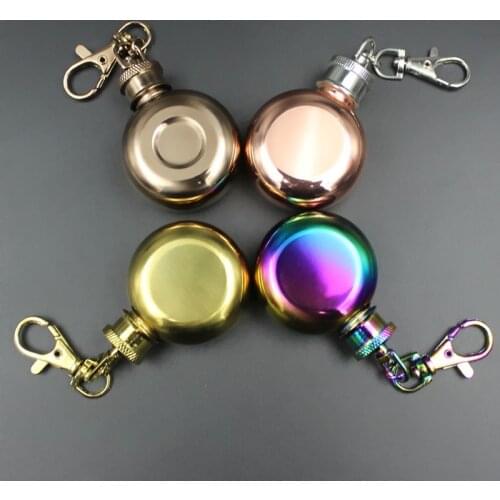 Mini 1oz 304 stainless steel round hip flask creative outdoor EDC portable hanging buckle sealed bottle small hip flask