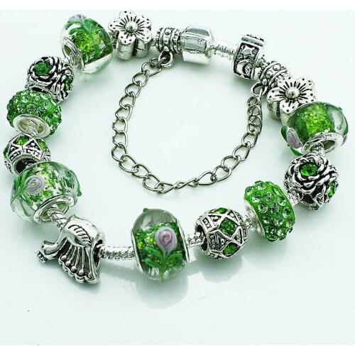 Fashion New Personality European Brand Green Rhinestone Beads Infinity Link Bracelets&Bangles For Women DIY Jewelry
