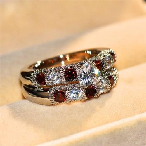 Cute Female Red Heart Ring Set Fashion Silver Color Small Wedding Bands Jewelry Promise Love Crystal Engagement Rings For Women