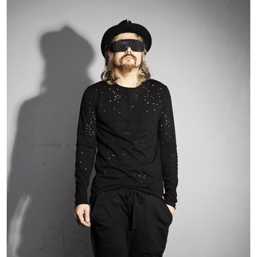 2016 New Mens clothing personalized mantianxing small hole casual all-match long-sleeve T-shirt singer costumes