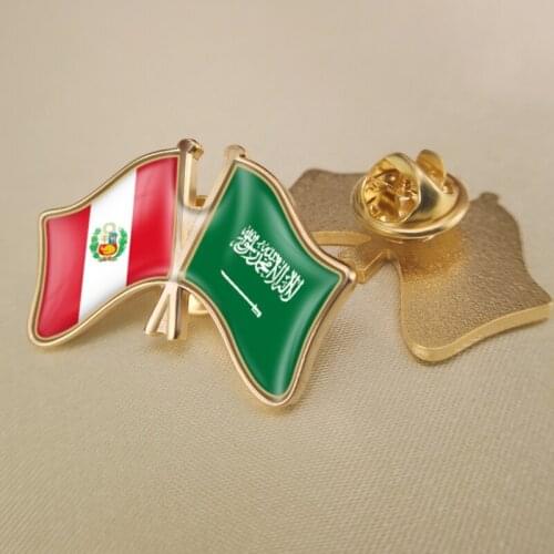 Peru and Saudi Arabia Crossed Double Friendship Flags Lapel Pins Brooch Badges