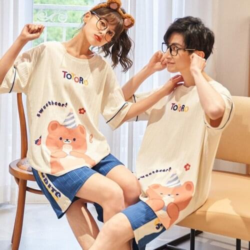 Couple Sleepwear Summer Cartoon Women Pajamas Set Man Pijamas Set Sleep Tops Shorts conjuntos de mujer pijama hombre Freeship