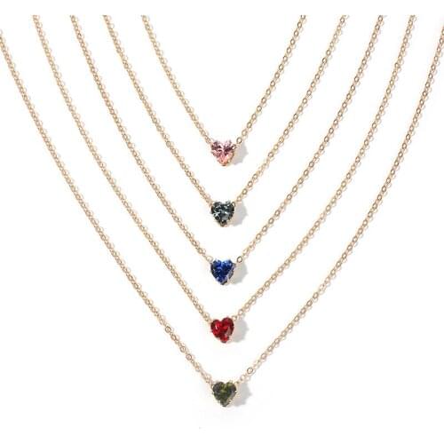 Popular Minimalist Style Women Crystal Necklace Colorful Fashion Heart-shaped Zircon Clavicle Chain Jewelry Necklace Gifts