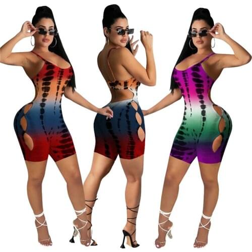 Print Logo 2021 amazon hot sale burn out tie dye see through mesh casual slip shorts jumpsuit women
