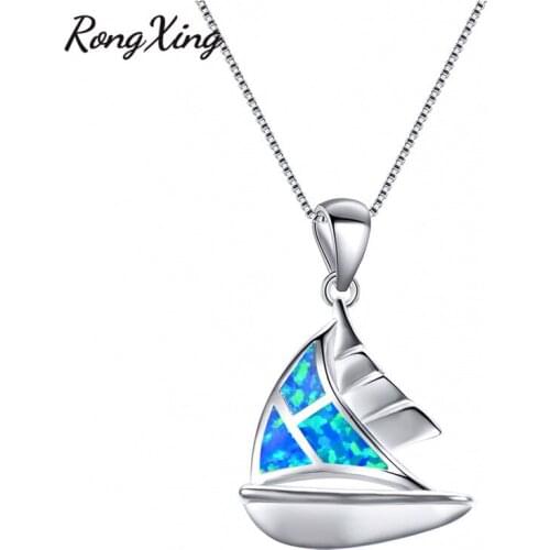 RongXing New Silver Color Boat Pendants For Women Blue/White Fire Opal Necklace Birthstone Choker New Year Gifts