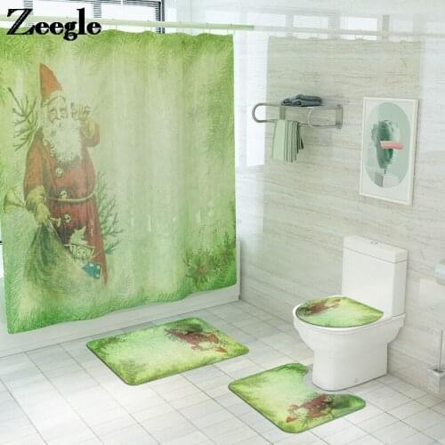 Christmas Bath Mat and Shower Curtain Set Cartoon Bathroom Floor Mat Absorbent Bathroom Bath Mat Non Slip Toilet Carpet