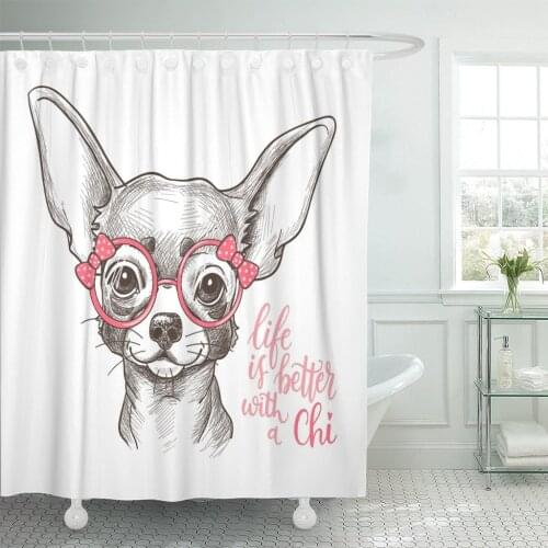 Pink Kids Girl Chihuahua Cute Fashionable Dog Sketch Pet Shower Curtain Polyester 60 x 72 inches Set with Hooks