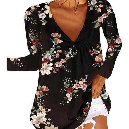 Casual Womens Tops And Blouses Women Long-sleeved Blouse Shirt Floral Print V-neck Loose Blouse Shirt Vetement Femme 2021