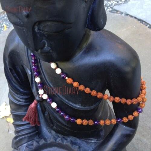 Rudraksha Seed Bead Buddhist Prayers Mala Tassel Necklace Amethysts Howlite 108 Bead Mala Spiritual Meditation Necklace NM10944