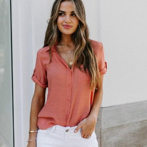 Plus Size Womens Chiffon Tops Blouses 2020 Summer Short Sleeve Solid V-Neck Office Blouse Female Office Women Button Up Shirt