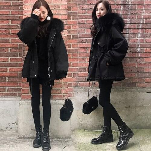 Cotton Clothing Female Winter Clothing 2020 New Korean Large Size Womens Loose Thick Hooded Black Jacket With Fur Collar f2162