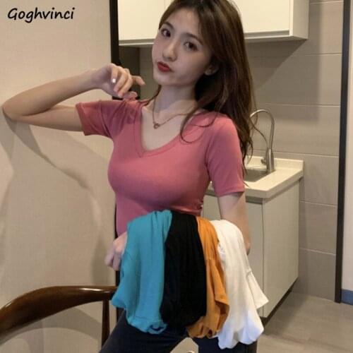 Women Short Sleeve T-shirts Solid Skinny Sexy Crop Tops V-neck Simple Korean Style All-match Fashion Chic Basic Tees Female Ins