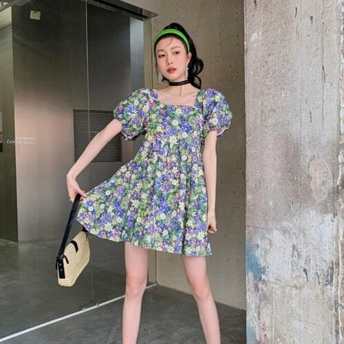 Summer Floral Dress Women 2021 Fashion Sweet Kawaii Square Collar Lantern Sleeve A-line Korean Dress Ladies Vestidos