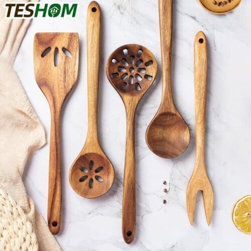 5pcs/Set Natural Wood Tableware Spoon Colander Spoon Special fork Cooking Spoon Wooden Kitchen Utensils Tool Kit High Quality