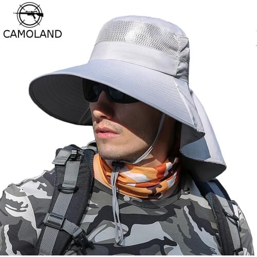 CAMOLAND Mens Summer Bucket Hat Women Boonie Hat With Neck Flap Outdoor Hiking Fishing Hats UV Protection Cap Mesh Breathable