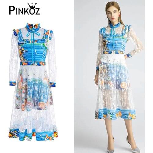Pinkoz Designer Runway Designer Vintage Dress Women Lace Long Sleeve Print Bow Tie Summer Fashion Blue Midi Dress Vestidos Traf