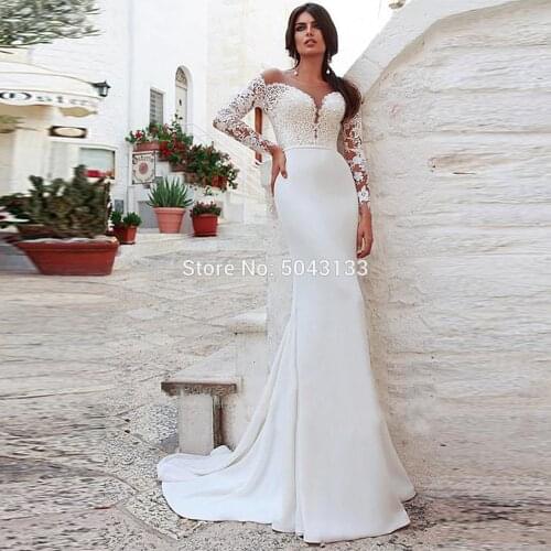 Long Sleeves Mermaid Satin Wedding Dresses 2019 Lace Appliques Scoop Neck Wedding Bridal Gowns Back Buttons Vestidos Noiva