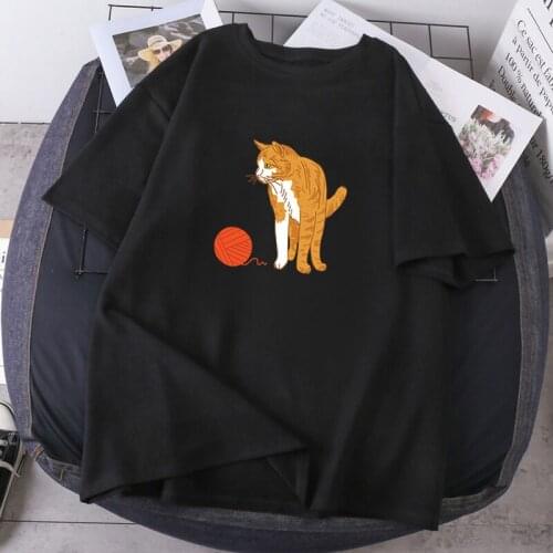 Cat Playing With Wool Woman T-shirts Summer Fashion Tops Tees Short Sleeve High Quality Lady Clothes Casual Round Neck Camisetas