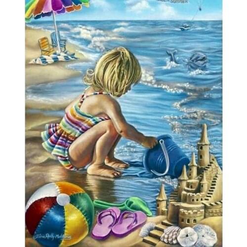 Gatyztory Diy Painting By Numbers Beach Kids playing Canvas Colouring Figure Handpainted Frame Wall Decor Gift