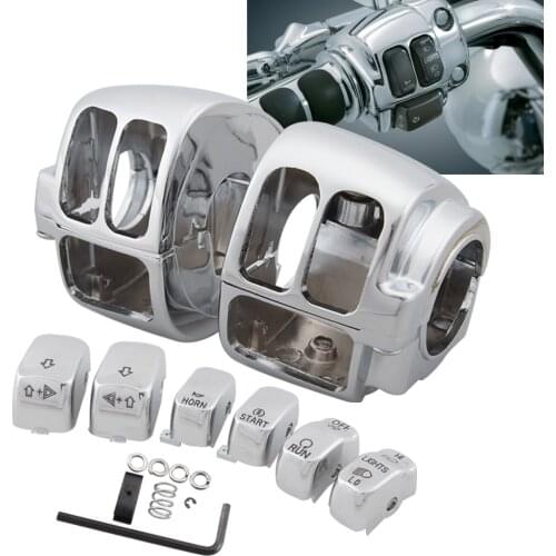 Motorcycle Chrome Handlebar Control Switch Housings Cover and Switch Cap Buttons Kit For Harley Touring Road King Dyna Softail