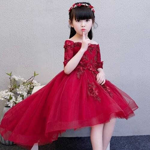 Red Lace Flower Girl Dresses for Wedding Birthday Beaded Appliques Girl Pageant Princess Gown First Communion Dress for Party