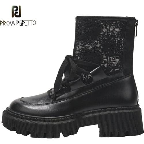 New Autumn and Winter Thick-soled Black Round Toe Thick Heel Short Boots Cowhide Stitching Mesh Lace-up Rear Zipper Martin Boots