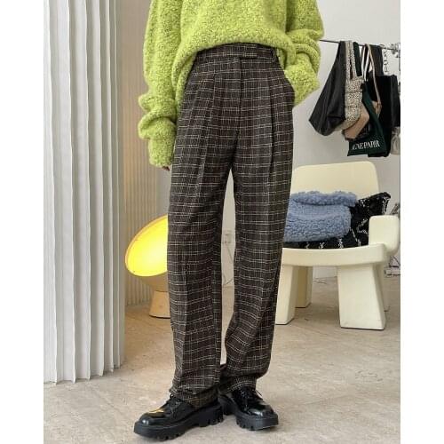 New woman premium quality straight plaid wool trousers