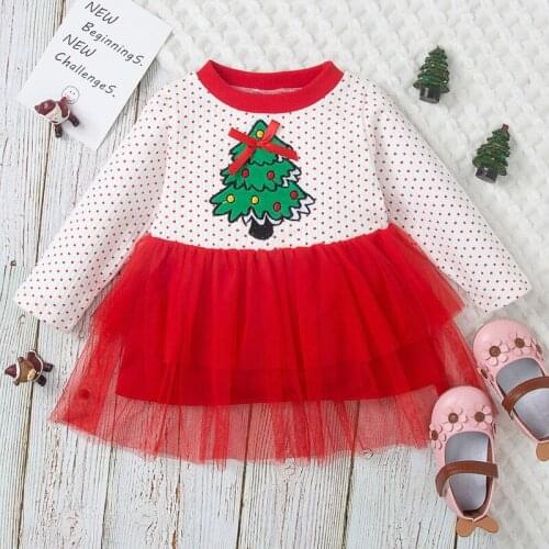 Girls Christmas Dress Autumn Long Sleeve Dot and Tree Pattern Party Dresses for Kids Children