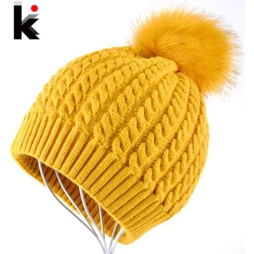 Beanies Women Winter Cap Thicker Hair Ball Knitted Hat High Quality Cap Woman Bonnet Warm Hut Gorrs Capuchons