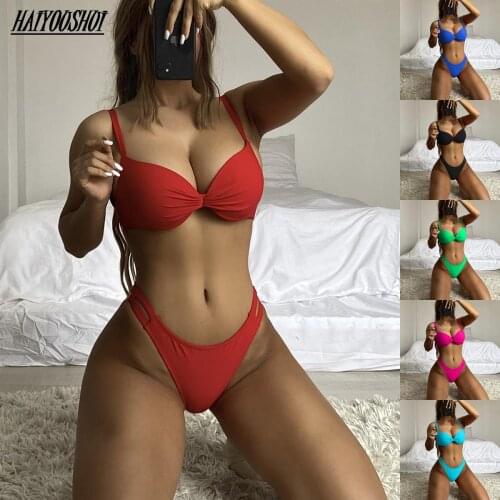 Sexy Bikinis Solid Push Up Bikini 2021 Hot Sale Padded Bra Straps High Waist Swimsuit Female Swimwear Women Biquini