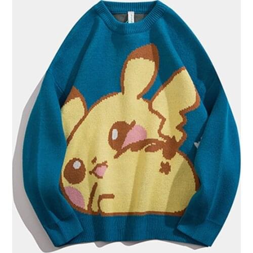 Japanese Sweet Cartoon Pokemon Printed Knitted Sweater Plus Size Women Winter Korean Casual Pullover Oversize Couple Outfit Tops
