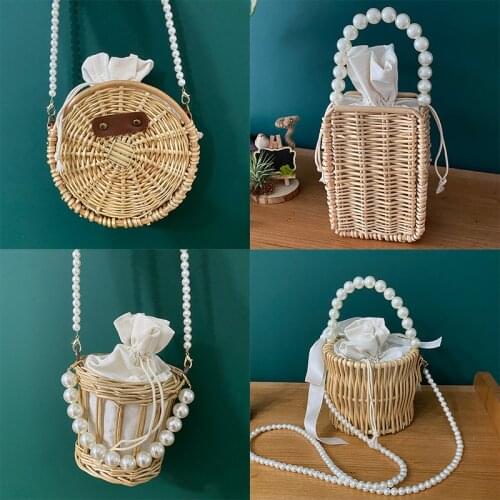 Beading Chain Summer Small Straw Shoulder Bags For Women Rattan Weave Travel Beach Bucket Bag Womens Fashion Crossbody Handbags
