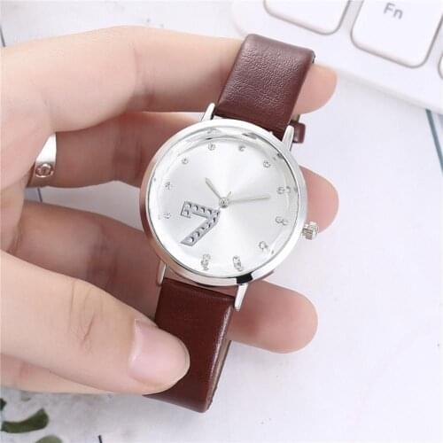 Fashion Women Rhinestone Round Dial Number 7 Analog Quartz Wrist Watch Buckle Faux Leather Strap No Waterproof Clock Reloj Mujer