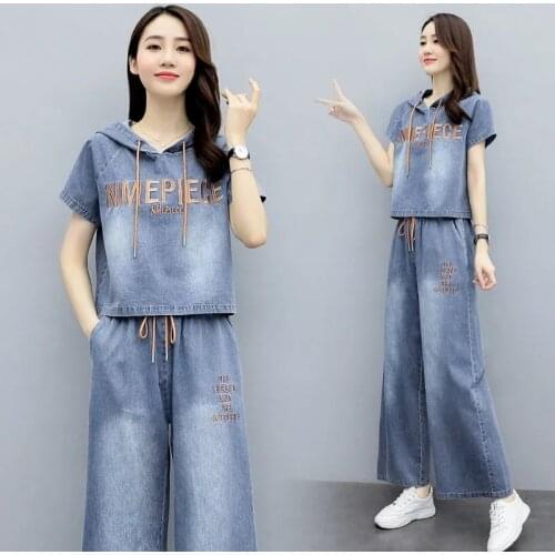 Letter Embroidery Short Sleeve Denim Tracksuit Women Jean 2 Piece Sets Casual Hooded Short Tops + Drawstring Wide Leg Pants Suit