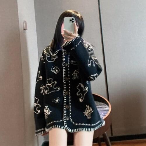 Autumn 2020 New Crochet Patchwork Casual Sweater Cartoon Cute Bear Lapel Single Breasted Sweater Cardigan Jacket Women