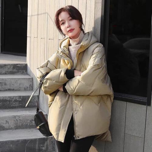 2021 Korean Short Winter Jackets Ladies Bat Sleeve Down Coats Womens Casual Loose Down Parka Coat Woman Hooded Warm Down Jacket