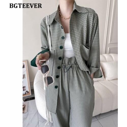 BGTEEVER Vintage Ladies Houndstooth Tracksuits Full Sleeve Single-breasted Shirts & Wide Leg Pants Casual Women 2 Pieces Set