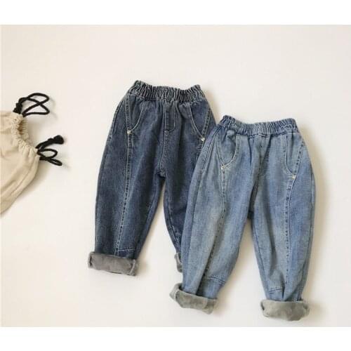 2021 Korean Winter New Childrens Plush Thick Cotton Denim Harem Pants Baby Boys and Girl Velvet Carrot Pants Kids Jeans 2-8Y